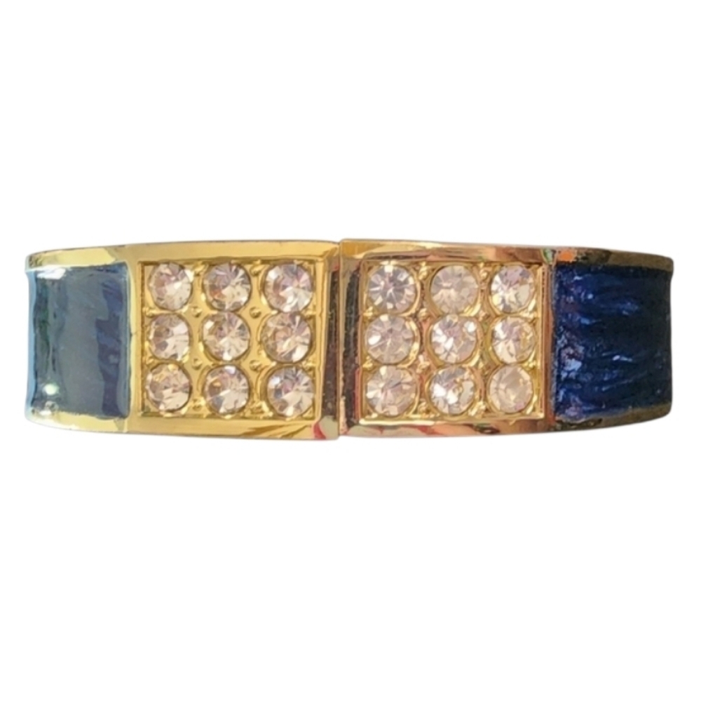 Goldtone Blue Enamel Hinged Bangle Bracelet Rhinestones
